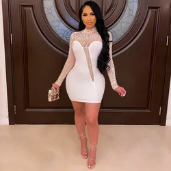 2021 Party Transparent Polyester Elegant Mesh Hot Diamond Stitching Maxi See Through Bodycon Sexy Night Club Dresses Women