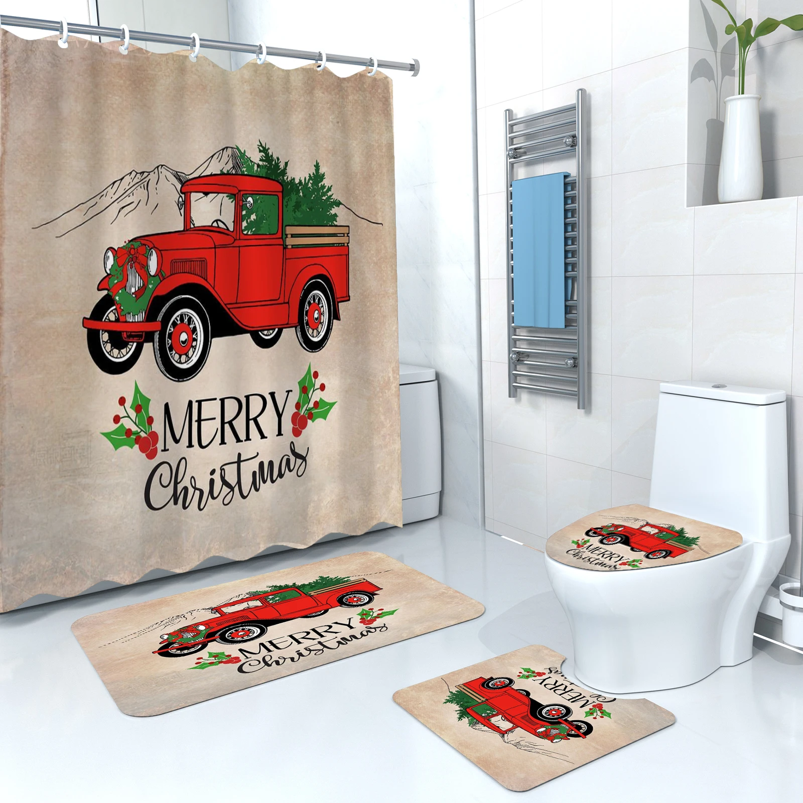 Customized Christmas Bathroom Sets 4-PC Christmas Shower Curtain Shower Bath Mat Set
