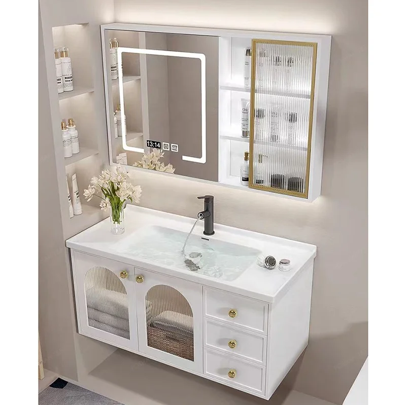 Modern French White Bathroom Vanity Combo with Integrated Ceramic Basin Sink and Smart Mirror Cabinet