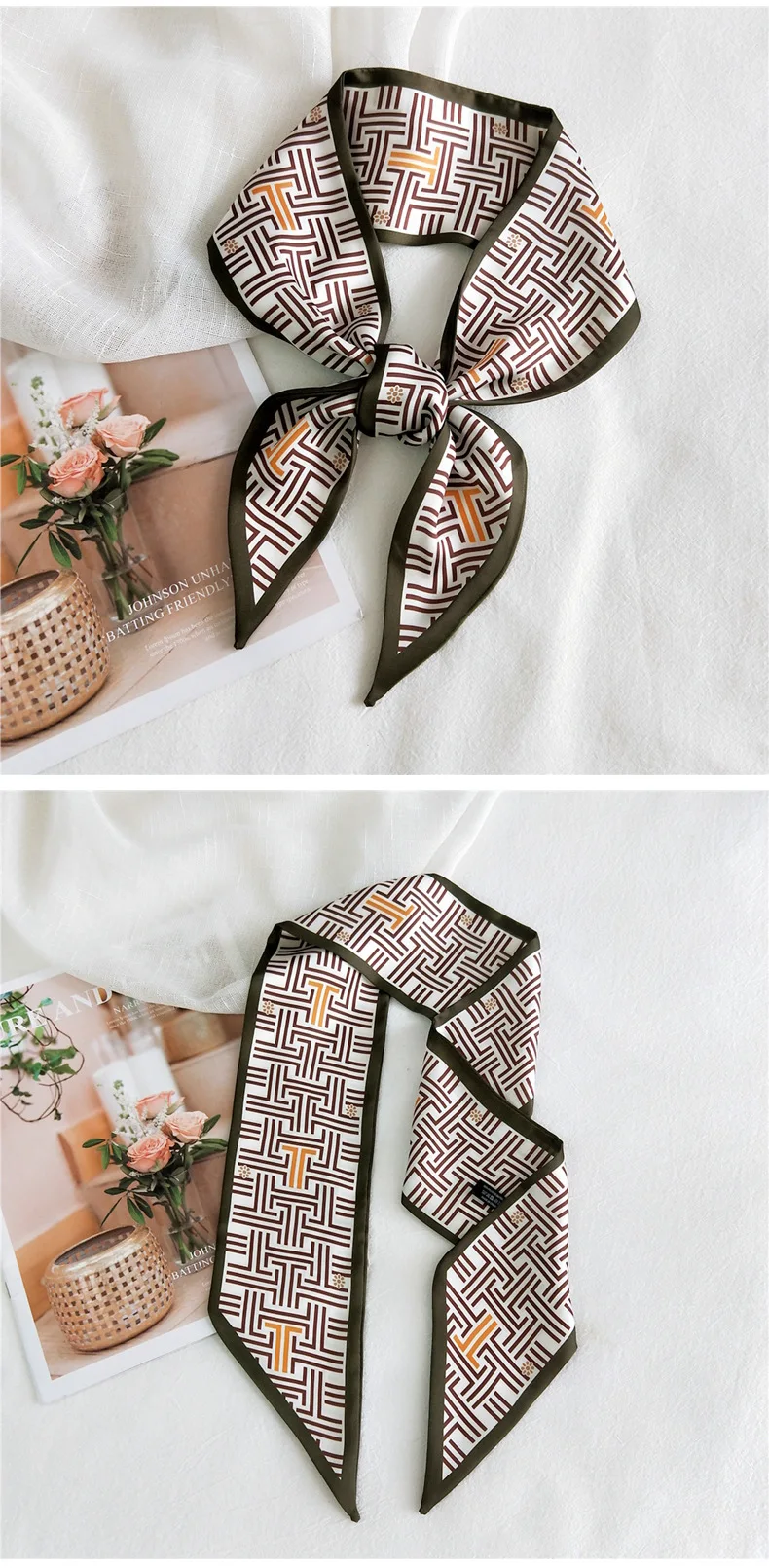 HB0436 Fashion Women Scarf Bag Long Hair Neck Tie Narrow Satin Silk Ribbon Neckerchief Skinny Scarf Decoration