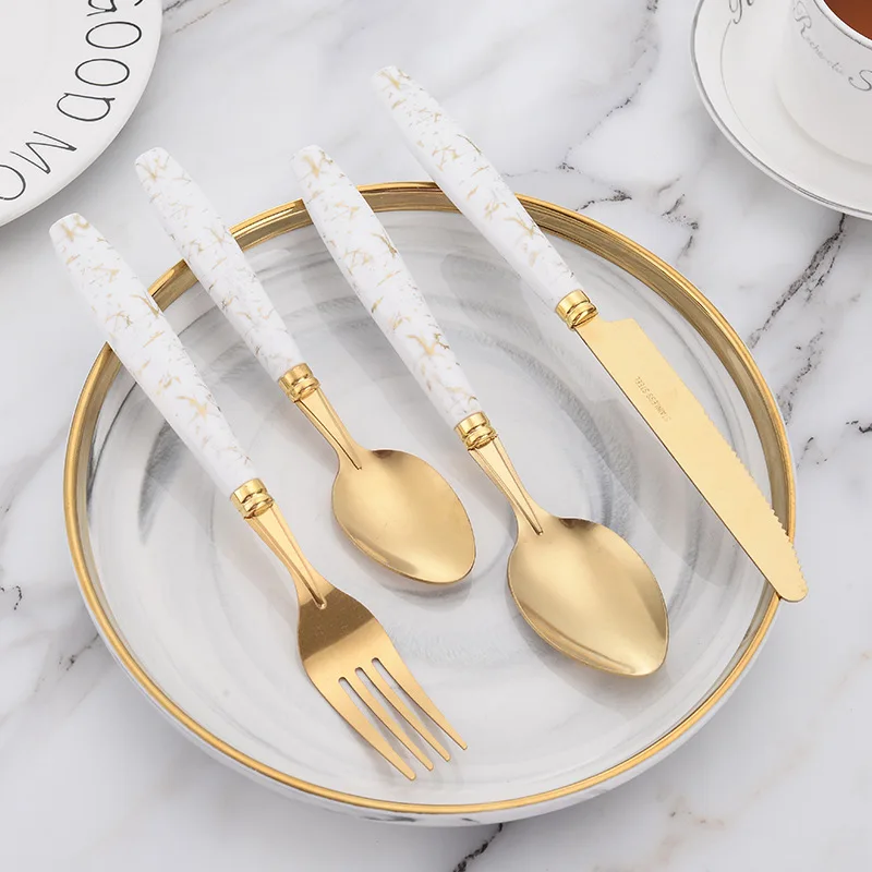 Stainless steel Steak knives wedding cake knife and server Gold PP plastic handle 5pcs cutlery