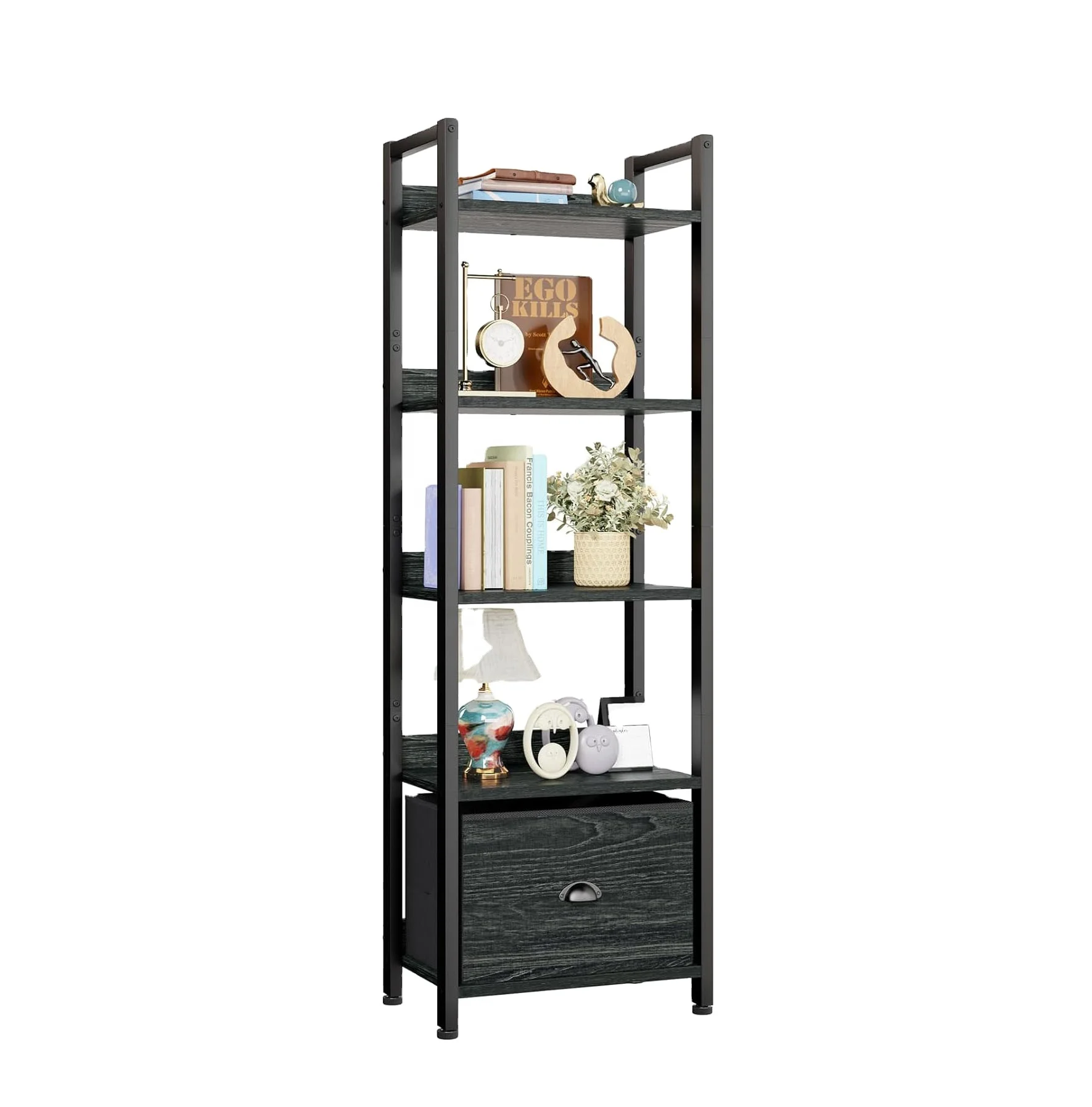 5 Tier Bookshelf with Drawer  Industrial Free Standing Display Shelf Wood and Metal Book Shelf for Bedroom  Living Room