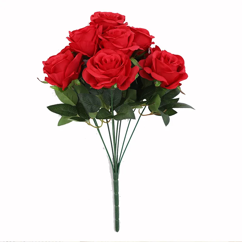 Wholesale 9 heads blue latex rose silk white hot pink realistic rose petals artificial bulk flowers rose for wedding