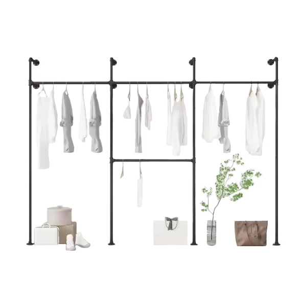 Modern Commercial Clothes Racks Wall Mounted Storage Hanger Hanging Clothes Retail Display Rack Steampunk Garment Racks,black