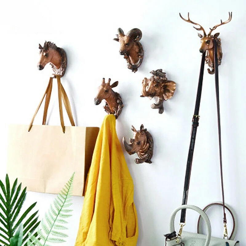 Retro Resin Animal Head Art Wall Hangers Clothes Hat Bag Key Hanging Hooks