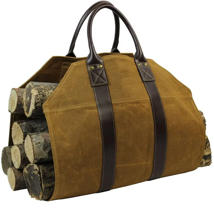 New Design Custom Large Capacity Canvas Log Carrier Tote Bag With Durable Pu Leather Handle
