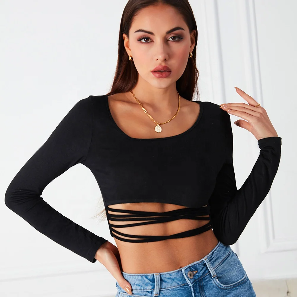 Wholesale Hot Sexy Solid Skinny Long Sleeve Cotton Spandex  T Shirt Sexy Ladies Black Plain Long Sleeve Crop Top