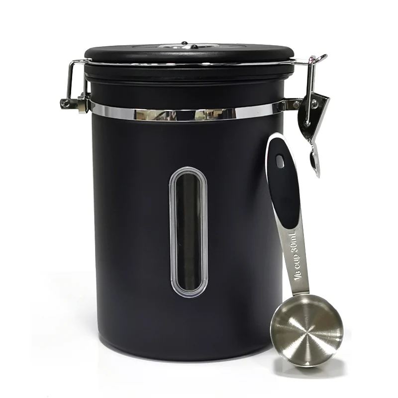 Hot Sale Coffee Canister With Airtight Lid Transparency Window Rotating Freshness Date Serving Spoon Stainless Steel Canister