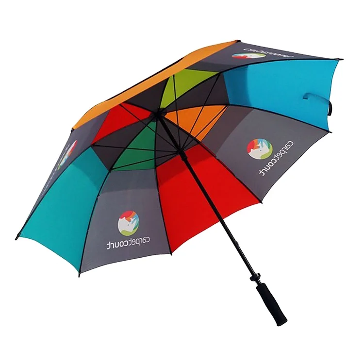 Advertising Straight Customized Logo Double Layer Windproof Fiber Frame Auto Open Bulk Imprinted Branded Golf Umbrella
