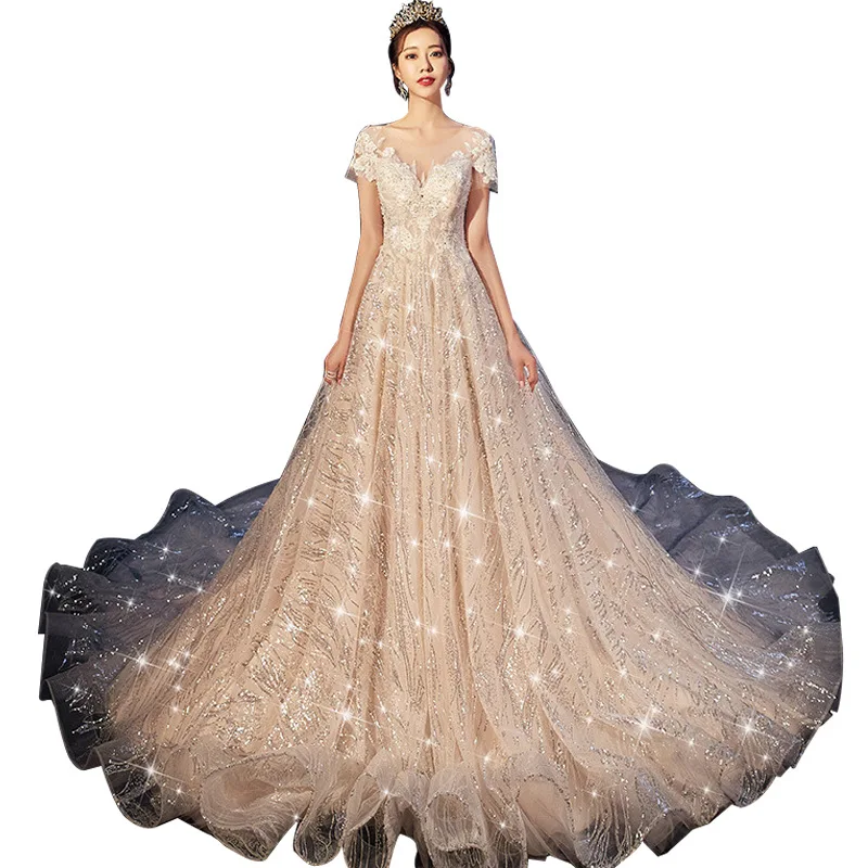 Main wedding dress 2021 new bride dress luxury and dignified net celebrity vibrato trailing starry sky forest super fairy dream