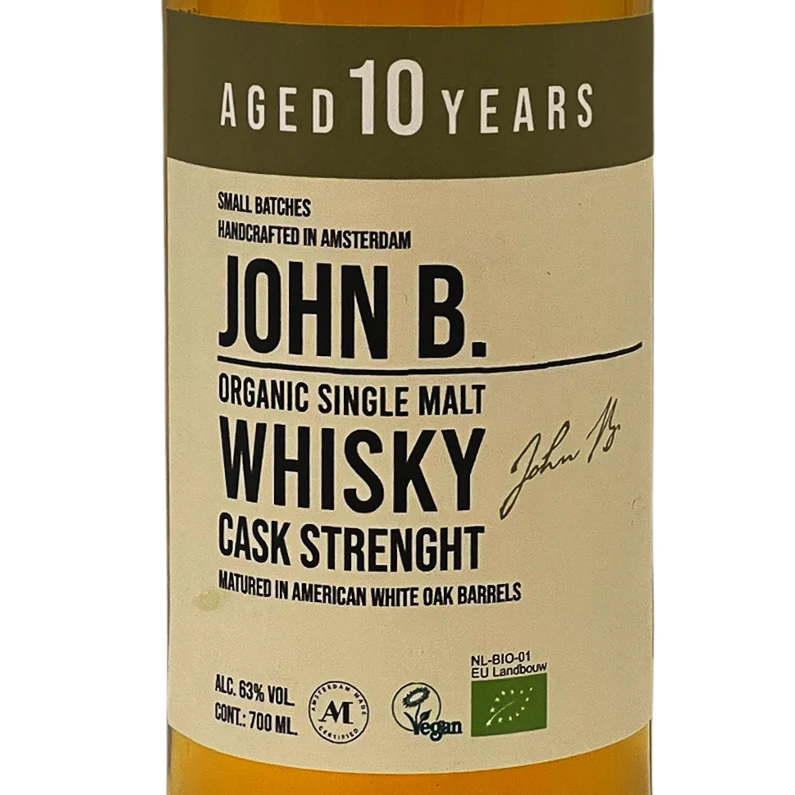 John B. Branded Whiskey Single Malt 10 y.o. Cask Strength (63%) Bottled 700 ml Barley Organic NL Distillery Wholesale Whiskey