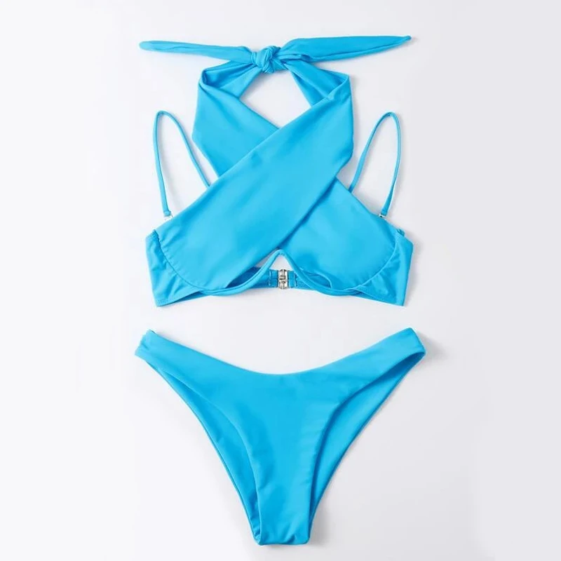 2024 Custom Sexy Halter Neck Cross Front Bikini Beachwear OEM Brand Two Piece Swimwear For Women
