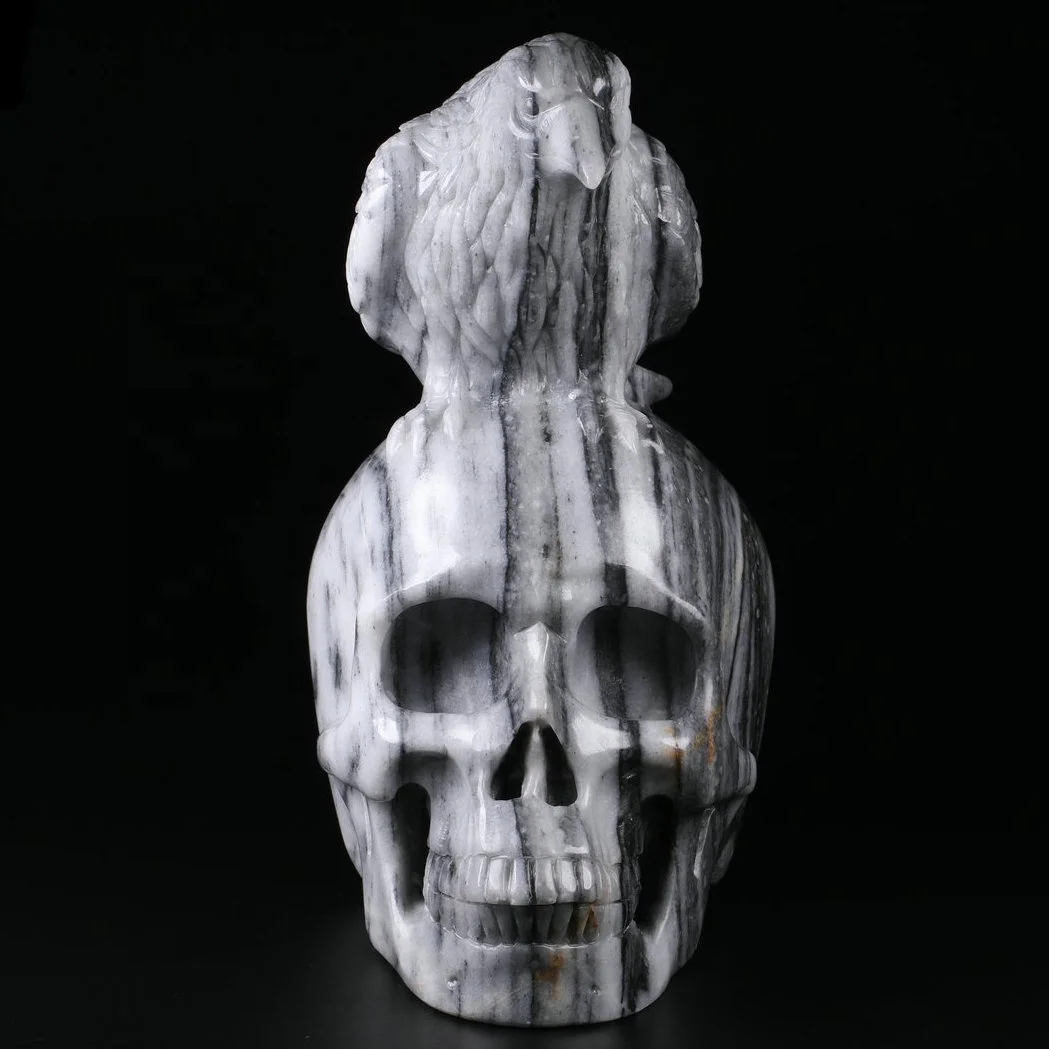 High quality customized hand carved crystal art sculpture folk crafts crystal raven skulls with dragon with crow