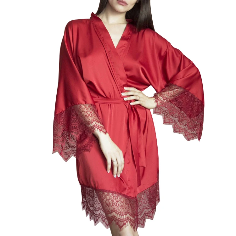 Ladies nightgown red kimono robe silky satin short dressing gown with lace trim
