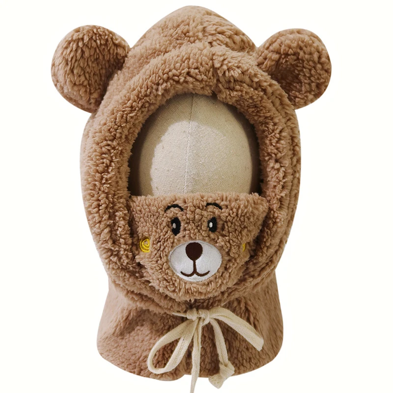All-match Cute Bear Ear Hat Lamb Plush Simple Korean Winter Riding Thicken Warm Windproof Mask Scarf One-piece Cute Bear Hat