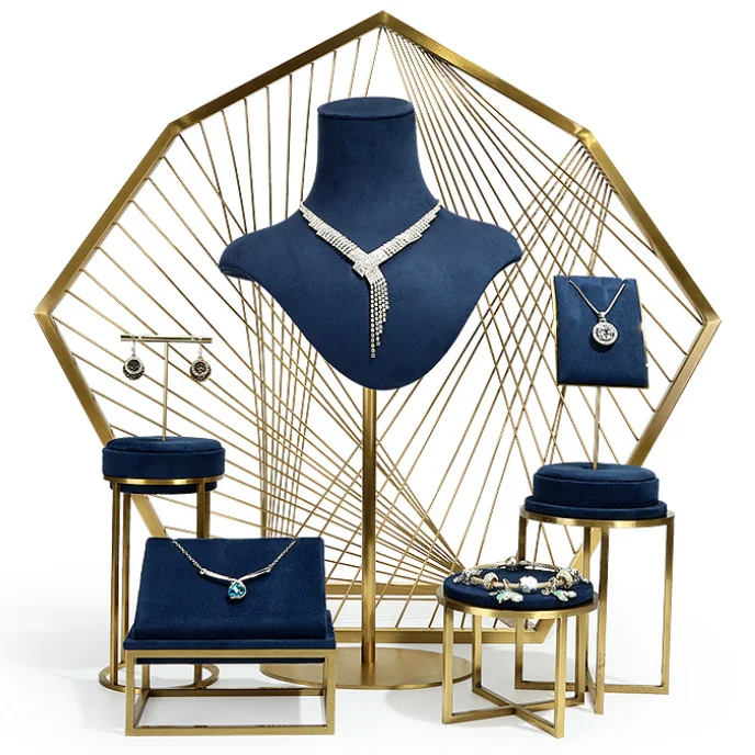 luxury suede metal neck mannequin blue gray jewelry display props holder rack stands set for jewelry