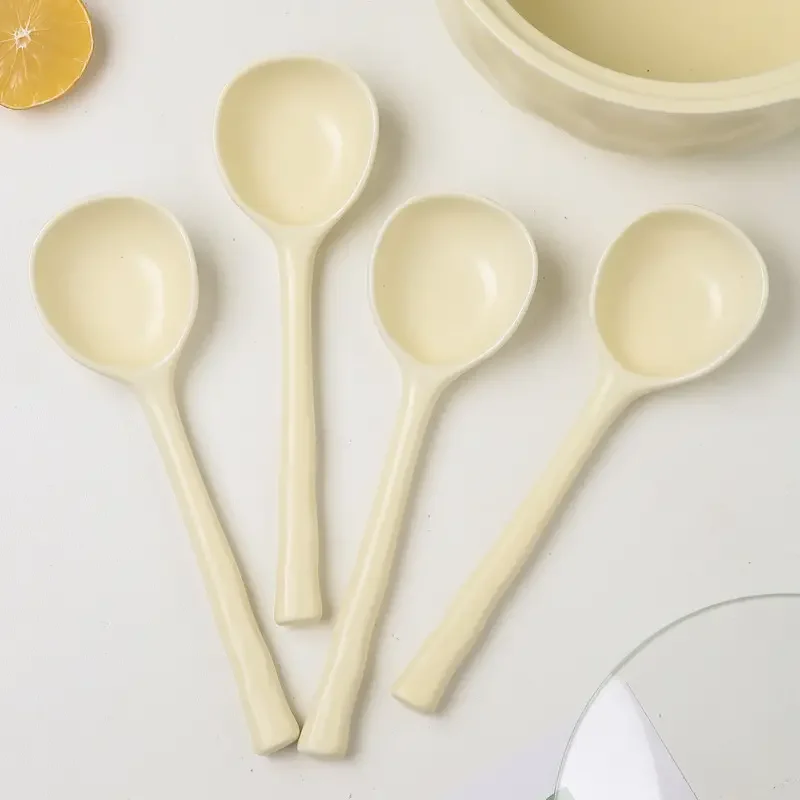 Hot Selling Creative Nordic Beige Green Long Handled Ceramic Spoon Ceramic Matte Milk Dessert Spoon