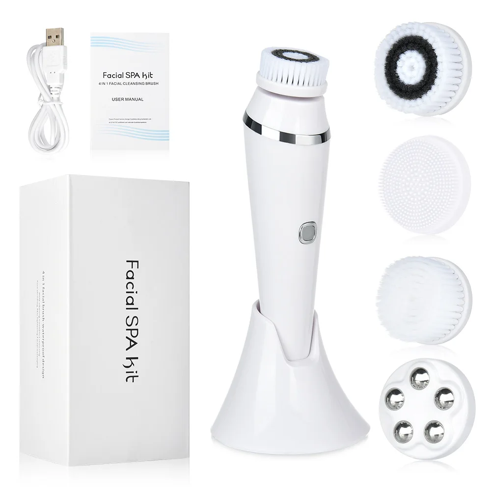 Hot Selling Wireless Charging Electric 4 in 1 Replace Heads Brushes Waterproof Silicone Sonic Facial Cleansing Brush