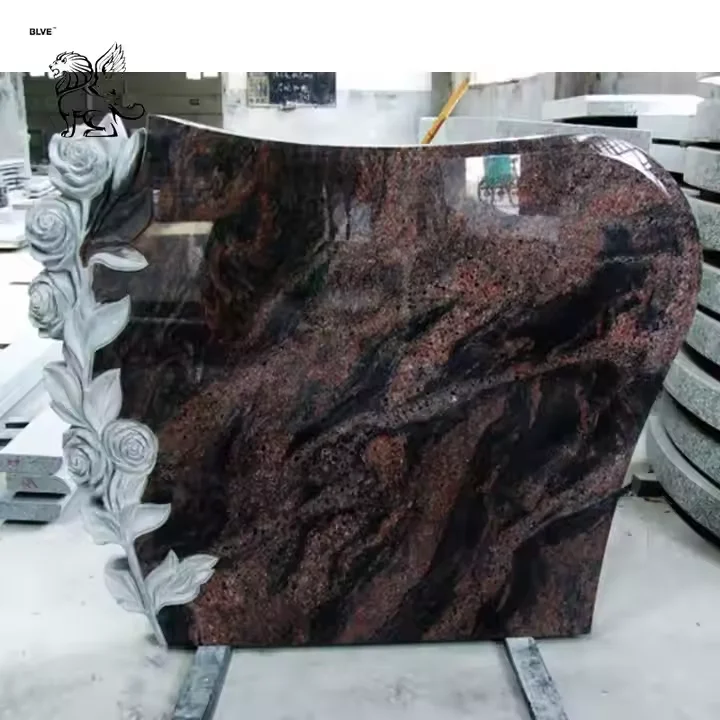 BLVE Modern Design Cemetery Hand Carving Angel Sculpture Natural Stone Tombstone Grey Marble Heart Shape Monument