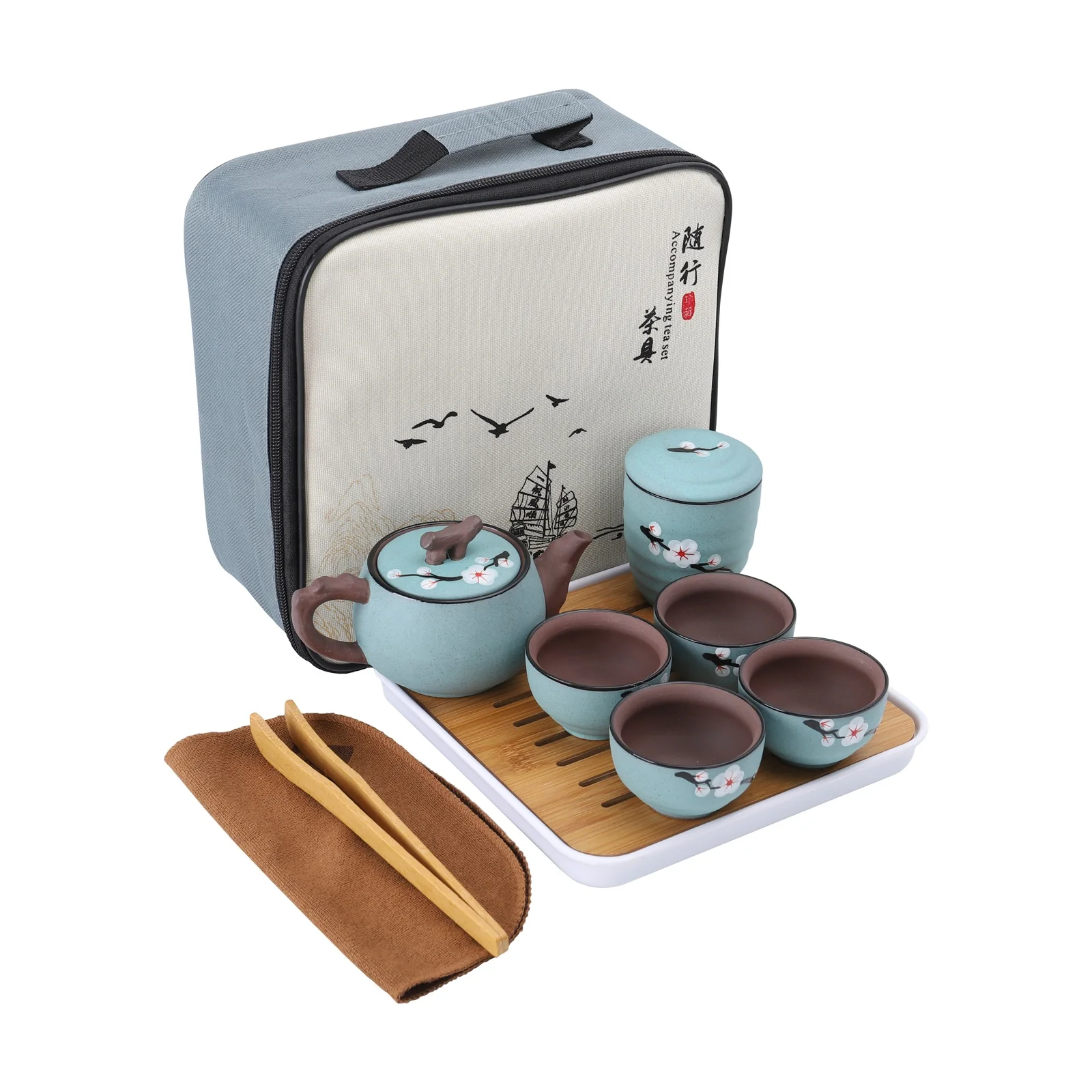 Custom Japanese Portable Travel Kung Fu Tea Set Cherry Blossom Zisha Tea Cup Service for Adults