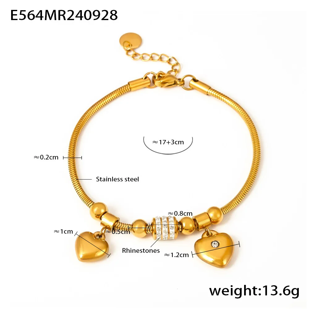 Double Heart Czech Rhinestone Gold Plated Bracelet, Multi Accessory Soft Snake Chain Bracelet Ins Stainless Steel Jewelry