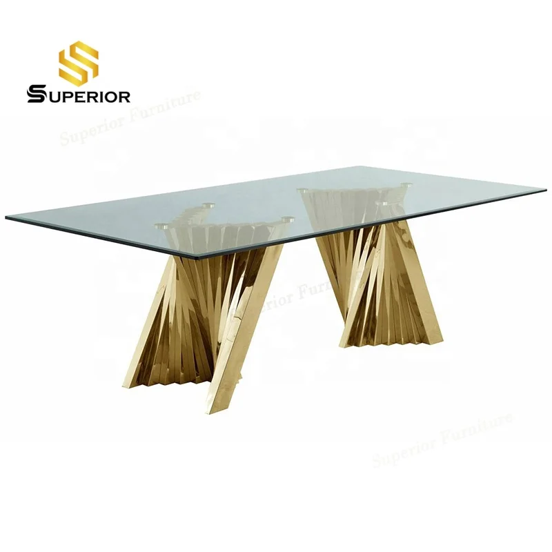 manufacturer  wholesale Interior dining table and chair set modern glass top gold dinning table