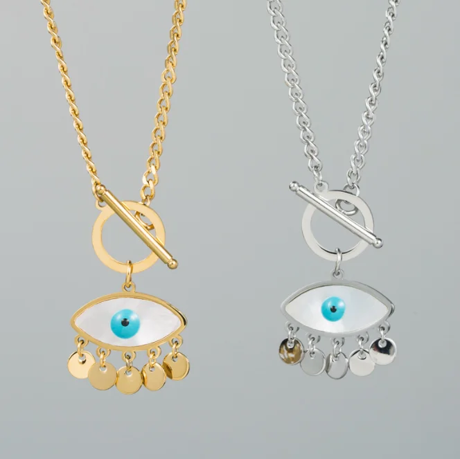 Hotsale Design Stainless Steel Blue Shell Eyes Tassel Necklace Gold Plated Turkish Eye Necklace