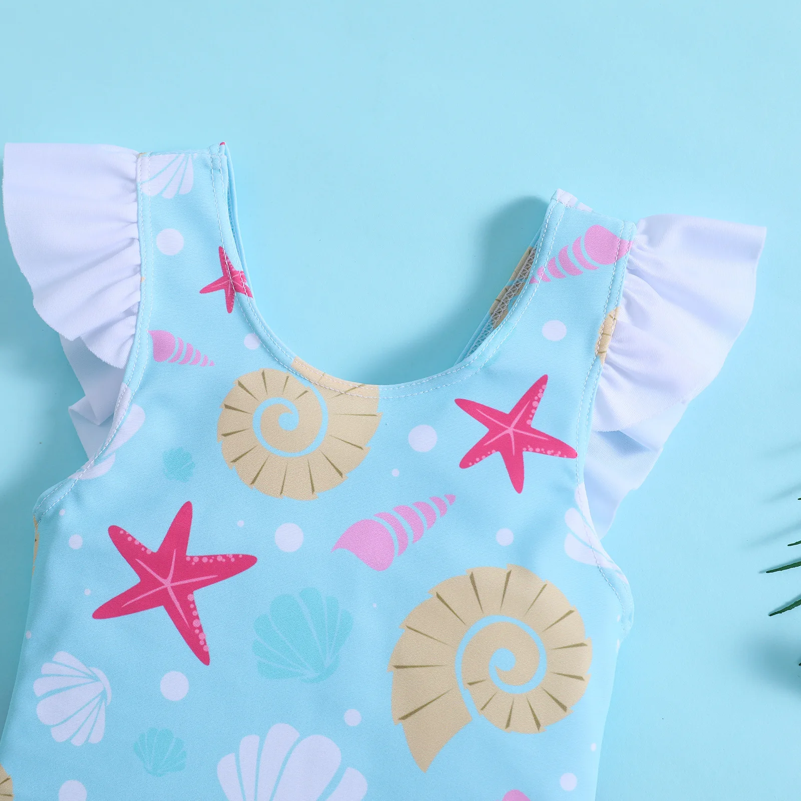 Wholesale Summer Girls Lotus Bow Small Flying Sleeves One-Piece Starfish Shell Printed Toddler Baby Swimsuit Beach Bathing Suit