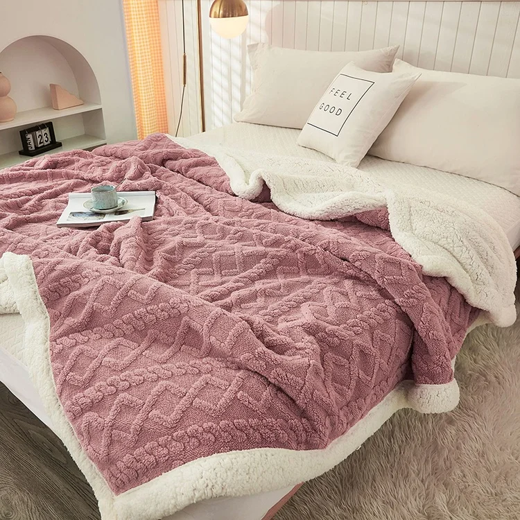 High Quality Tuff Wool Solid Color Knitted Double Layer Throw Flannel Sherpa Polyester Blanket