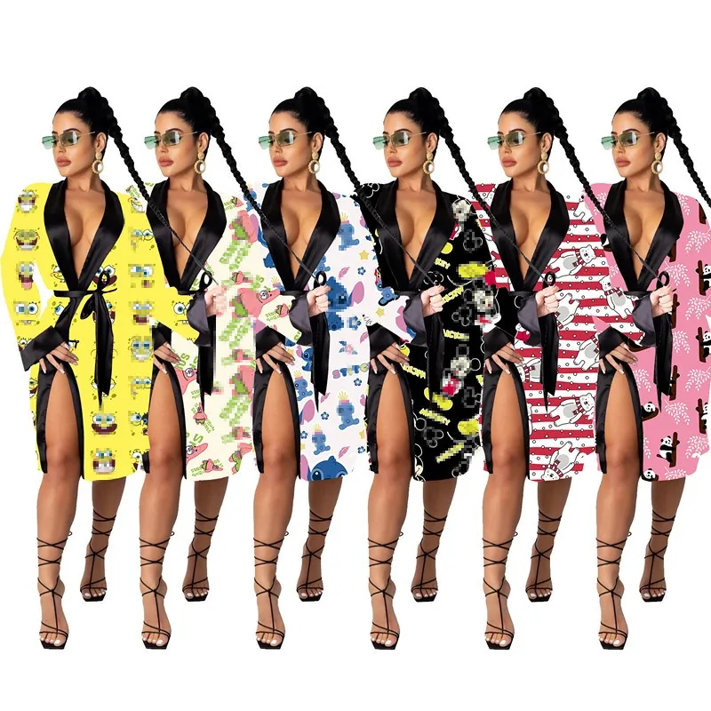 2021 New Silk Cartoon Night Gown Robe Pajama Sexy Bathrobe Lounge Wear Kimono Satin Robes for