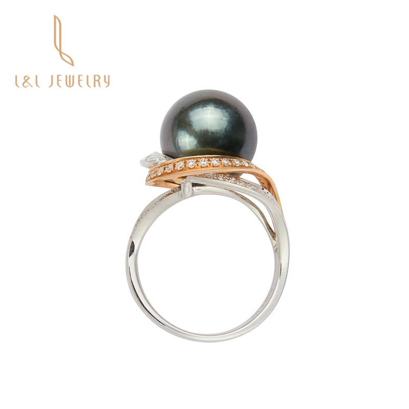 Hot selling Luxury design 18K gold nature seawater Tahiti black pearl ring with real diamond woman gift jewelry wedding party