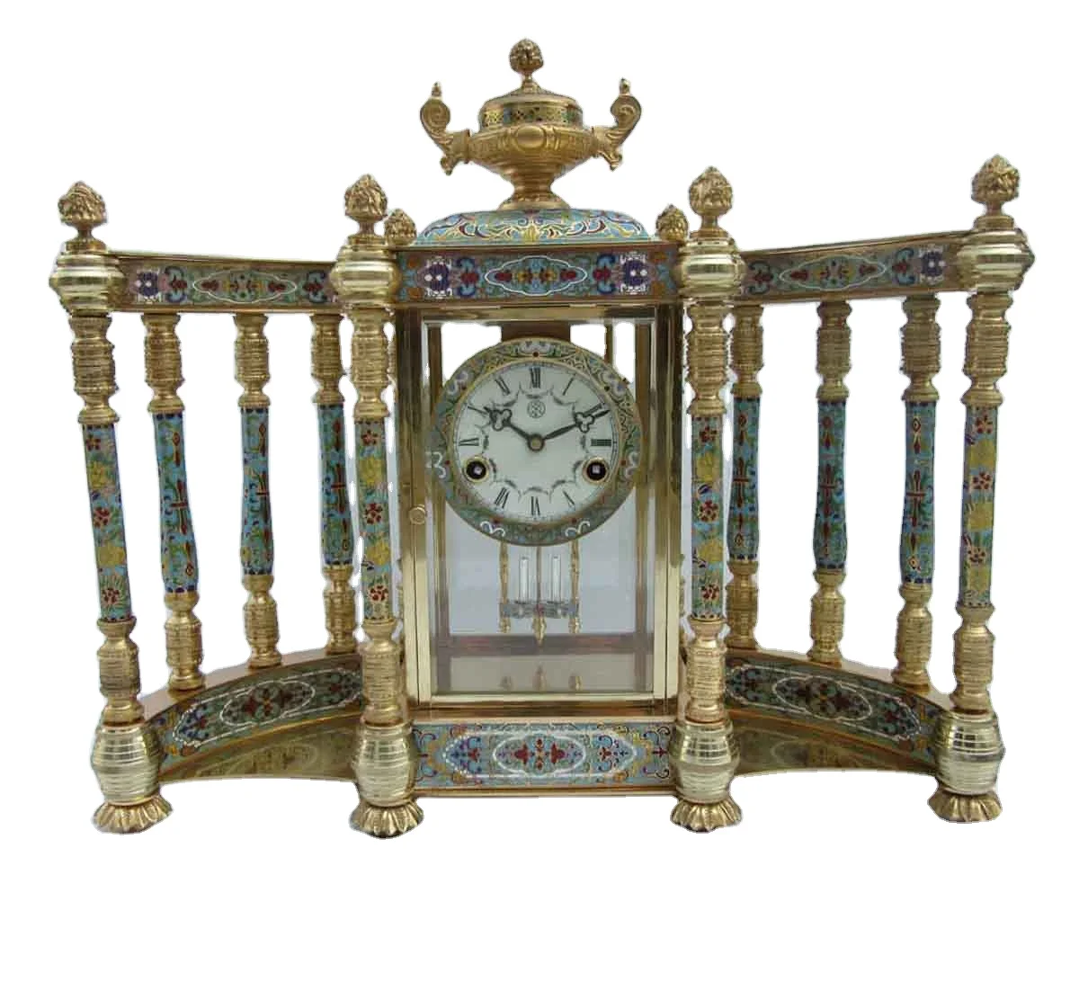 Solid Brass Vintage  Antique Gilt 19th  French Style 15 Days Mechanical Movement  Floral Blue Cloisonne Enamel Table/Desk Clock
