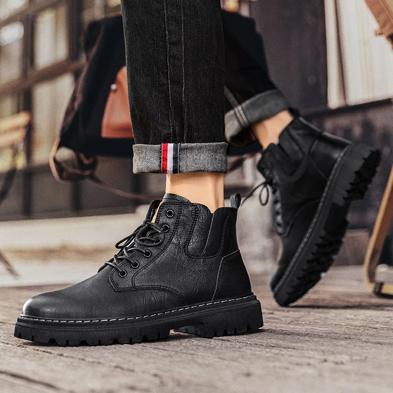 High top English style casual leather boots Leather outdoor retro waterproof fashion all-in-one wear-resistant platform boots