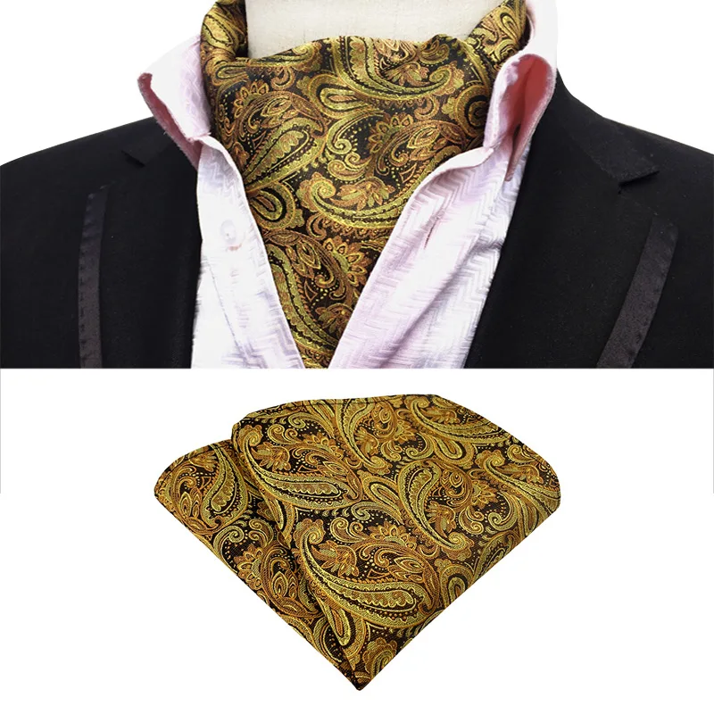 Men Retro Jacquard Paisley Design Scarf Self Necktie Cravat Polyester Fabric Ascot Tie And Matching Pocket Square