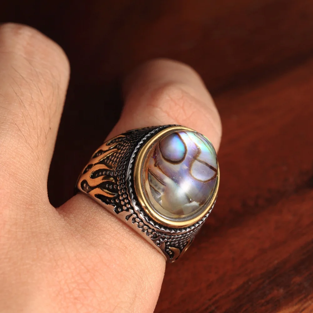 Fine jewelry natural gemstones purple shell tiger eye stone inlay fire stainless steel ring men jewelry wholesale