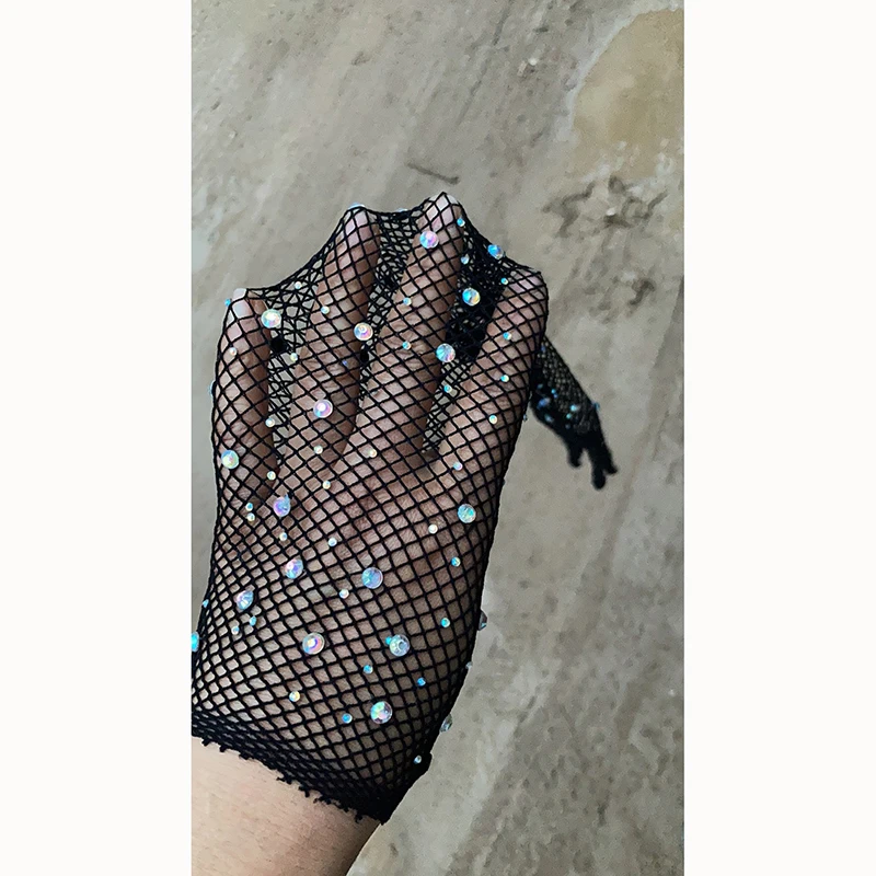 Party cosplay diamonds hollow mesh gloves long sleeve stretch rhinestones five fingers mittens festival sexy lace net gloves