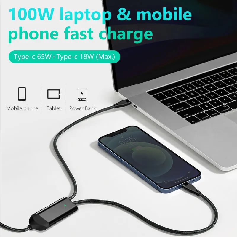 New PD TYpe-c to 2 Type-c 100W aluminum shell braiding customization usb c cable 2 in 1 pd cable