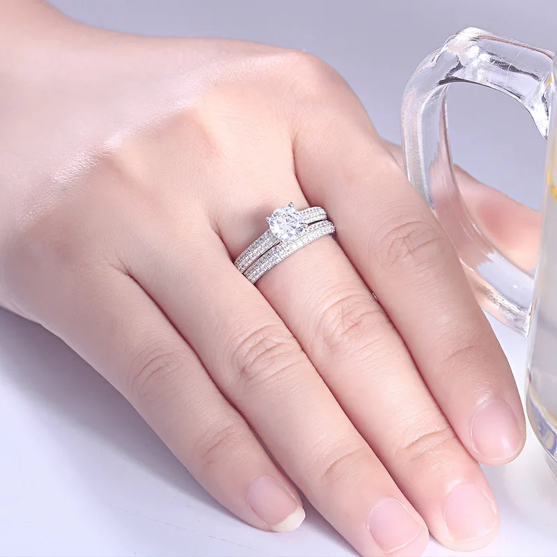 SKA wholesale 925 Sterling Silver two Row micro CZ Diamond White gold Bridal Wedding ring set for women