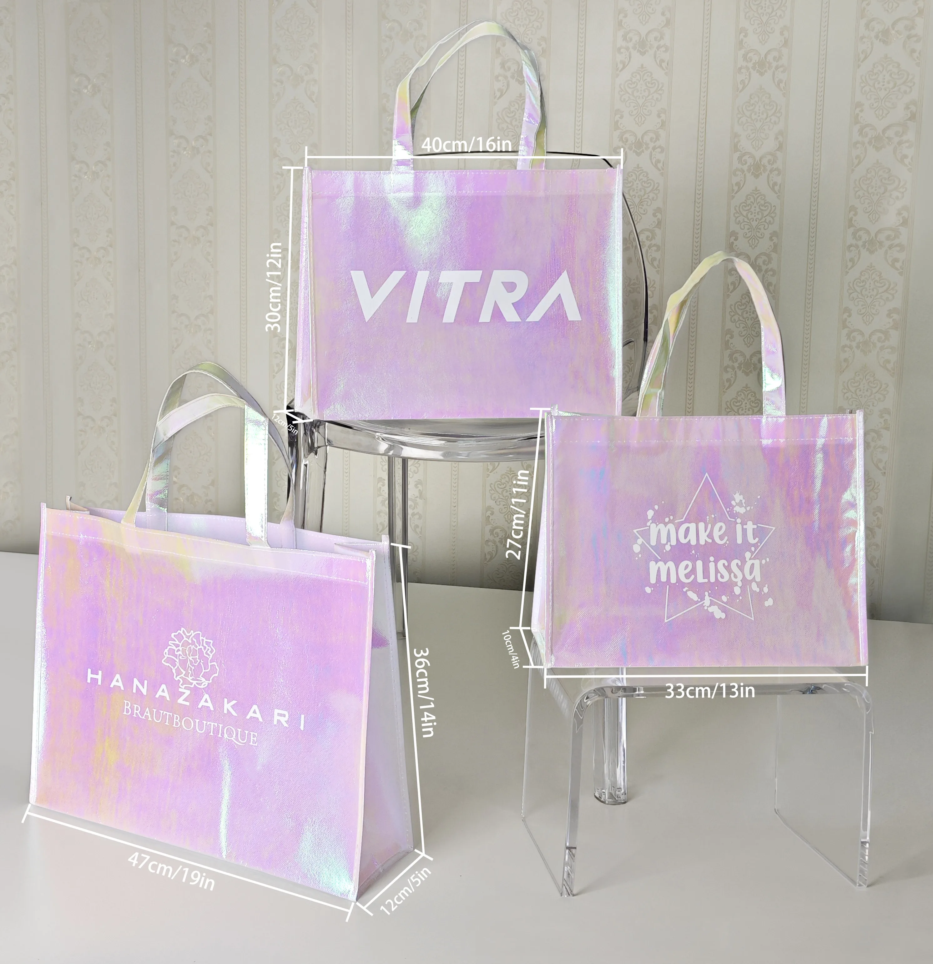 Custom Print Logo Extra Large Supermarket Grocery Tote Eco Reusable Promotional Holographic Laser Pink Iridescent Shopping Bag