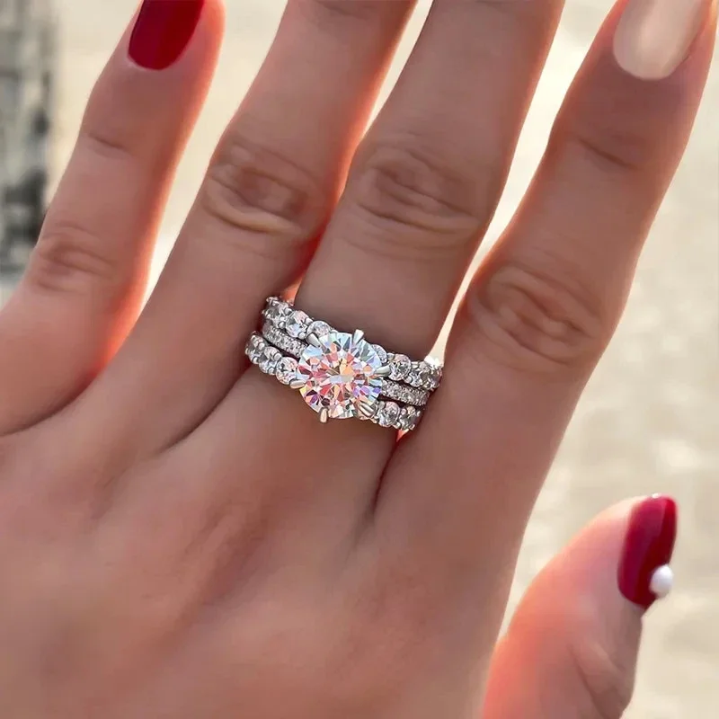 CAOSHI OEM Classic Bridal Silver Plated 3Pcs Sets Finger Ring Wedding Engagement Party Wear Imitated Diamond Eternity Band Rings