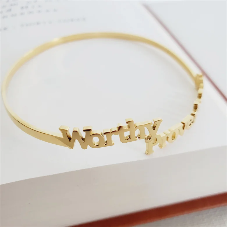 Christian Catholic jewelry dainty stainless steel bracelet silver gold Worthy Proverbs Blessed Luke Bible Verse Cuff open bangle