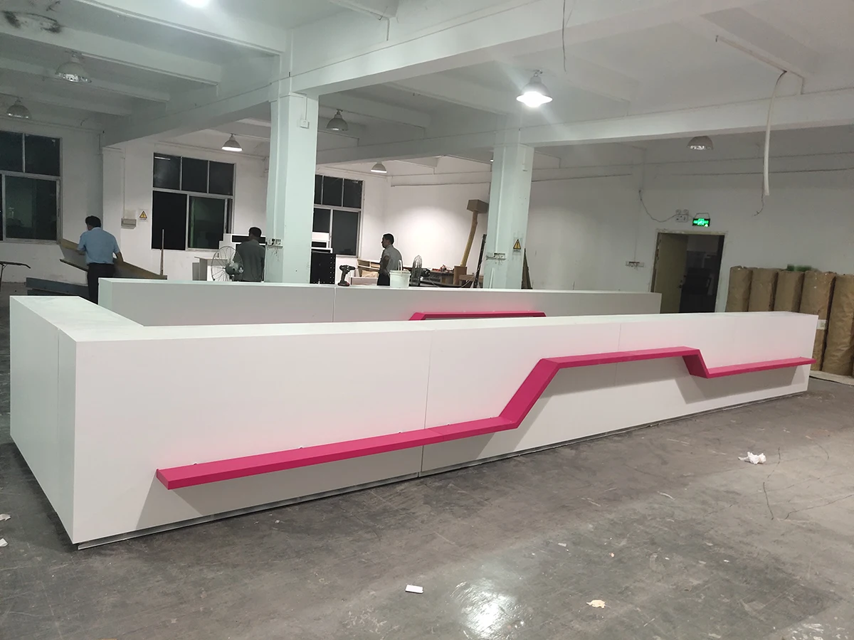 Modern Cashier Table Custom  office front desk background wall display racks designing  led light Display Racks For Shops