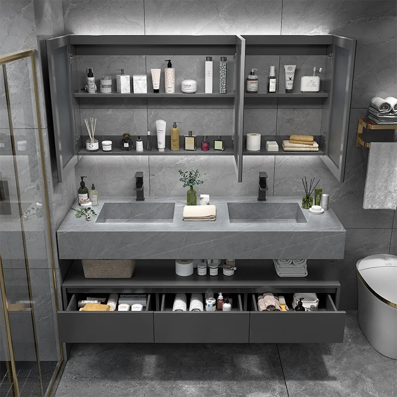 Customization] Simple Rock Slab Integrated Double-basin Bathroom Cabinet Bathroom Washstand Wash Face Wash Cabinet Smart Mirror