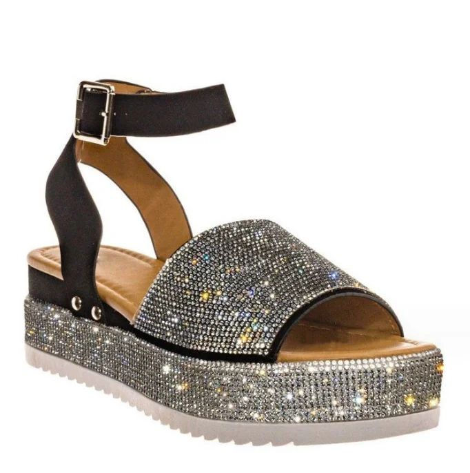 Ready To Ship Bling Rhinestone Height-increasing Sandalias Mujer Women Flat Platform Beach Sandals Female Casual Wedge Shoes