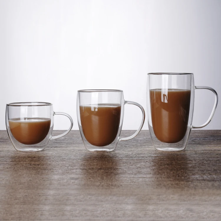 150ml 250ml 350ml 450ml Reusable Borosilicate Double Wall Glass Cup with Handle