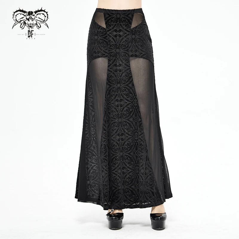 SKT068 Cross shape mesh spliced stretchy Gothic pattern sexy women velvet long half skirt