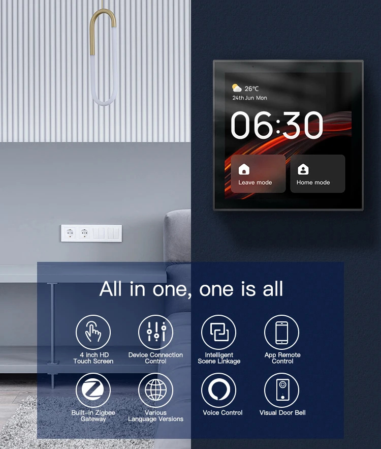 2023 new arrival Wireless Zigbee 4 inch smart home touch control panel gateway with built-in Alexa voice control