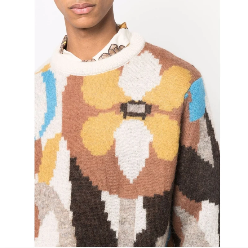 Custom sweater Floral jacquard knitted jumper High-quality fashion crew neck mohair sweater men