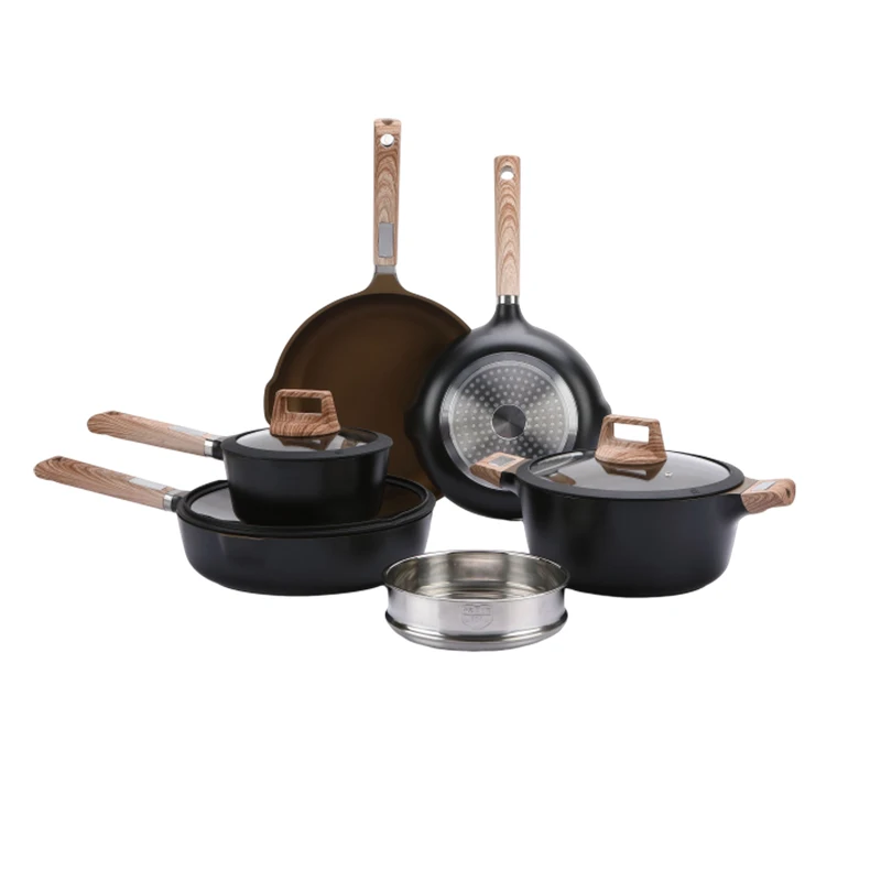 Deep Stock Soup Pot Die Cast Aluminum White Marble Non Stick Pots And Pans With Wooden Handle 20cm 24cm 28cm