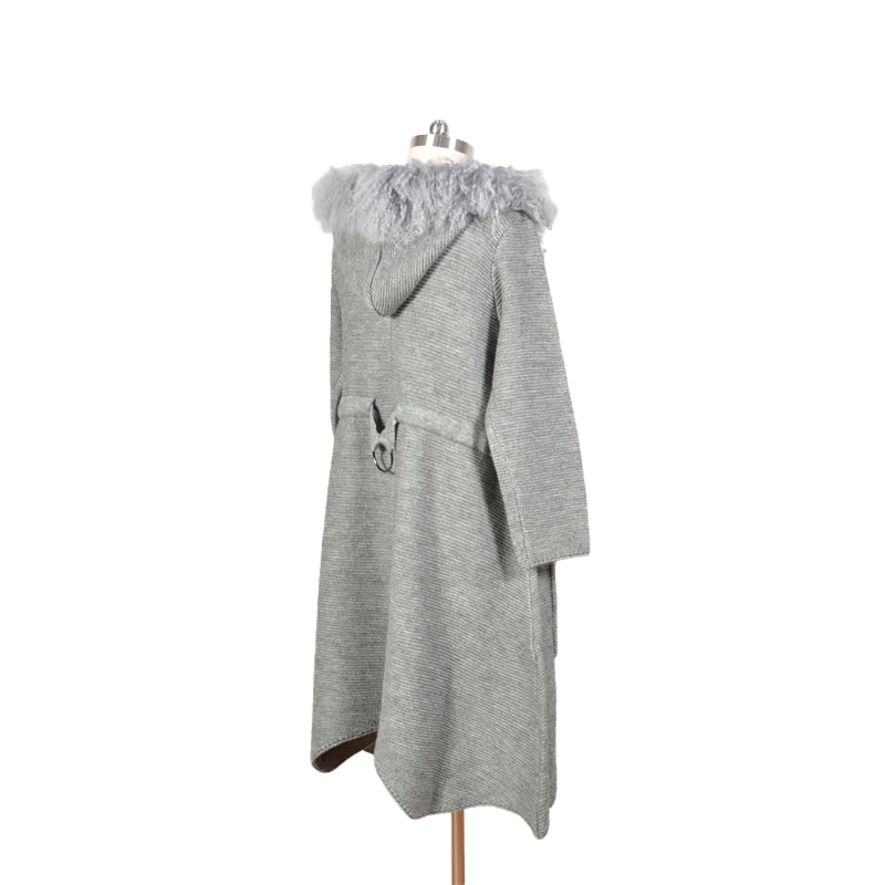 Custom Ladies Stylish Real Tibet Wool Collar Hooded Long Wool Blend Knitted Women Sweater Coat For Winter